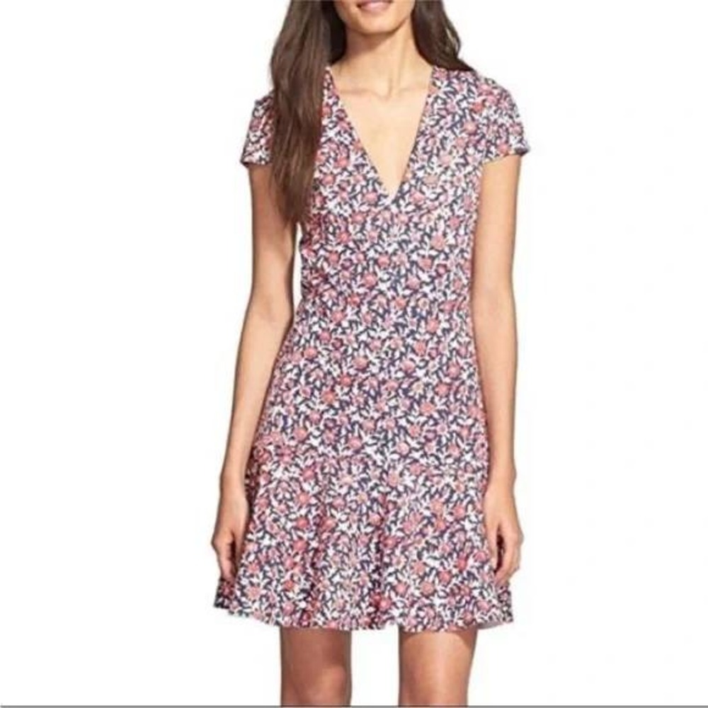 Tory Burch Floral Dress M Red Blue Fit Flare V Neck Cottagecore Calico Ponte
